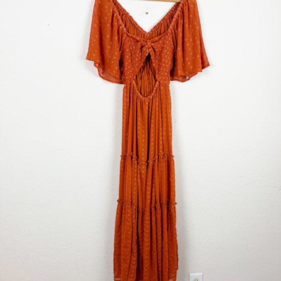 Anthropologie Ruched Orange Tiered Open Back Dress Size Medium - Picture 7 of 8